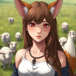 an arrogant, confident young woman with long brown hair, red eyes, pale skin, corgi ears, a corgi tail, reminiscent of a herding dog, Greg Rutkowski, anime, sheep in a field for the background, intricately detailed, high definition,