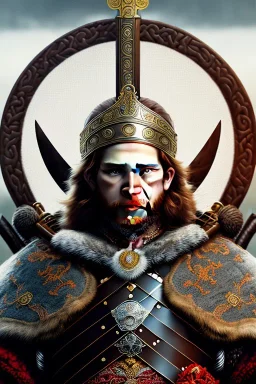 Detailed young viking king, red hair, black leather armor, intricate details, full body portrait, keep head in frame, black Japanese motif, concept art, highly detailed, digital painting, concept art, sharp focus, illustration, art by Yoji Shinkawa, WLOP and greg rutkowski and alphonse mucha and artgerm and yanjun Chen and Junji ito and Makoto Shinkai, HDR, octane render