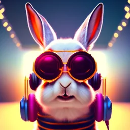 pixar style anamorphic cute rabbit baby, smiling, cyberpunk headphone, sunglass, gangsta gold neckless, full body, magenta puffer jacket, manila city backdrop, dramatic lighting, hyper realistic, unreal engine 5, 16k