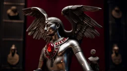 silver statue with red gems of an Egyptian red eagle, with dramatic lighting and a wide-angle view.