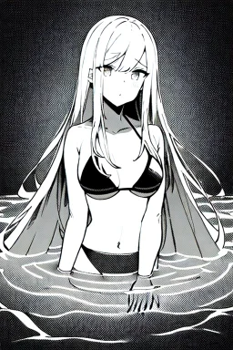 bikini long hair thin girl in abyss pool, greyscale, cool pose, screen tones