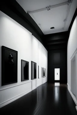 Reception with black walls, a white floor, hidden or rich lighting, and it is suitable for a museum