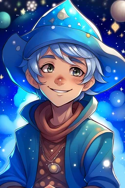 Anime manga style: 10 year old boy, with a smiling expression, brown skin tone, blue eye color, has freckles on his cheeks, Silver hair. Clothing: Wear an outfit with flashy elements, a funny hat with bells, Reminiscent of a court jester's outfit. The background is illustrated as space, with several stars and even some constellations.