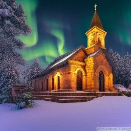 Ancient Armenian Church decorated with intricate stone carvings on a snowy night, golden crosses on tops, pink light inside, many different color northern lights,Aurora Borealis and Full Moon over Mountains, 10 second long exposure highly detailed ultra reallistic oil on canvas cinematic lighting colourful Jacek Yerka Thomas Kinkade Caspar David Friedrich long exposure good atmosphere