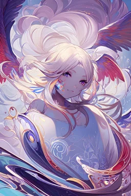 A detailed illustration of a beautiful young female human with wings. Skin, hair and face are all made of paint. Highly detailed flawless facial features and eyes. Abstract Oil painting splash art. White background, wide angle, abstract design, beautiful, thick flowing paint strokes, fantasy art, modern art, ((soft happy complimentary colors,)) modern aesthetic, focused on the character, 4K resolution.