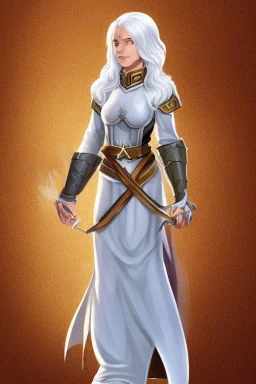 d&d character, female, cleric, cheerful, armor, white hair, gold eyes