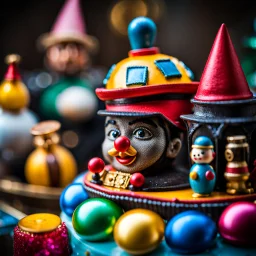 Close-up photograph of an odd land-of-toys with detailed Vintage Toys vintage puppet, Decor Old Toys Antique Toys Decor Toy, made of cake-frosting and felt, strong texture, extreme detailed movie shot, rich moody colors, sparkles, bokeh, 33mm photography