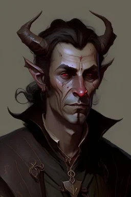 an older tiefling man, he has dark brown hair and looks a little dishelved, he wears a lot of jewelry and worn leather, he looks kind