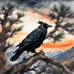 museum quality ink wash and watercolor painting of a wandering Raven perched in the branches of an ancient, gnarled and twisted, Bristlecone Pine, on a remote plateau in the Rocky Mountains at sunset, in the style of Karl Bodmer, and Winslow Homer, rendered as an aquatint, with a fine art aesthetic, highly detailed , 8k UHD cinegraphic realism, dramatic natural lighting