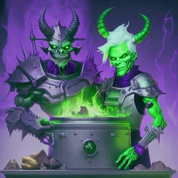 Demonio con armadura verde y negro y casco de calavera posando con un demonio hombre oven de armadura morada y verde con cabellos blancos
