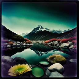 Sublime foto close-up polaroid ad alta definizione di una montagna rocciosa, un lago, surreale, colors, cityscape scifi, collage art, dadaism, sublime, splimapys nero, cielo nero, acqua nera riflette un sole nero, macabre piante circondano il lago, alghe, hypermaximalist, Max Ernst style, strangeness, intricate, hypnotic, obsessive, Yves Tanguy, 8k, deep 3d field, very accentuated details of the rocks and sht frn, eerie, artistic photo, shot on Hasselblad, large format film, medium format film