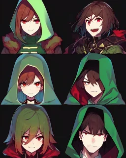 Short brown hair, red eyes who wears a green blouse open with its hood, holds a bright red knife, Smile insanely and very angry, Aspect that shows that the character is a villain, Aspect that shows that the character is a villain, dark background Very dark, and HQ Manga style He is a man but resembles a woman.