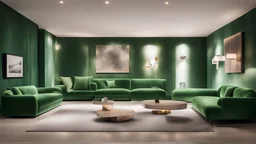 A cozy nook with plush green velvet sofas and ambient lighting in a modern lounge