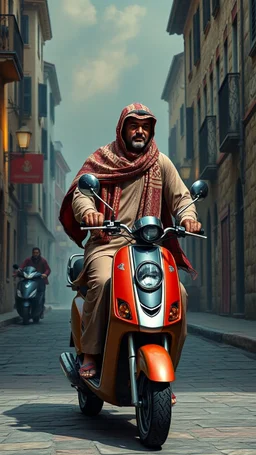 Hieronymus Bosch style , sam samarrai wearing a an Arabic scarf on electric scooter 4k