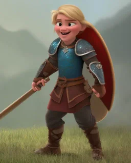 strong medieval warrior with blond short hair, blue eyes and wide warm smile with an axe with green and brown clothes