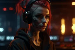 4k full details Portrait animateur radio cyberpunk, incendie en arrière plan