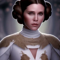 stunning half-body-portrait photo of princess leia from Star Wars played by Carrie Fisher, wlop, artgerm, akihiko yoshida, and liang xing, detailed face, doe eyes, intricate braided hair style, symmetrical eyes, trending on artstation, highly detailed, white dress, dynamic pose, intricate outfit, space ship and galaxy background