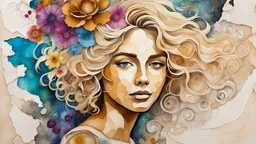 abstract art complementary colors fine details , old torn worn paper, peeling, high grain, portrait blonde , flowers in hair, acrylic, alcohol ink, fine drawing, A blonde woman in her 40s, with flowers woven into her loose, curly hair, sits in a whimsical, dreamlike setting, surrounded by delicate swirling patterns reminiscent of the textures of old torn paper, in a vibrant, abstract style combining acrylic and alcohol ink techniques, with fine detailing that highlights complementary colors, in