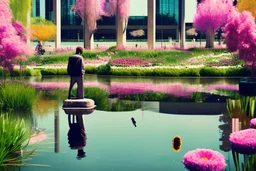 Modern city, people, pond, flowers