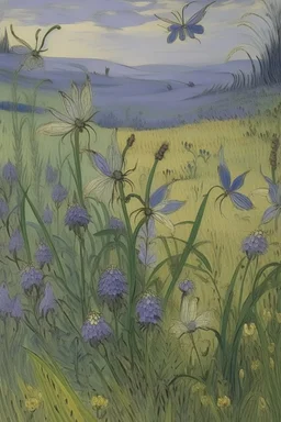 A grayish purple floral grassland with fairies painted by Vincent van Gogh