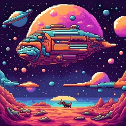 pixel art of psychedelic Dachshund landing a space ship on a planet