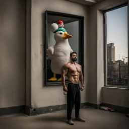 a Persian gay muscle man with a big duck doll in a modern street in Tehran with towers.