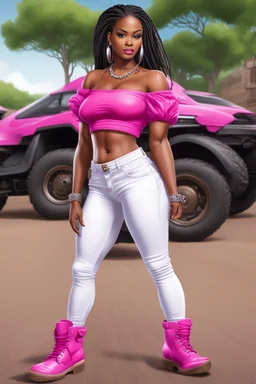 Create a digital airbrush cartoon of a curvy African American female wearing tight white jeans and a off the shoulder hot pink blouse. She is also wearing timberland boots. Prominent make up with hazel eyes. Highly detailed very long extremely braids of black hair. Her skin is smooth and silky. Background of a track of ATV riders.