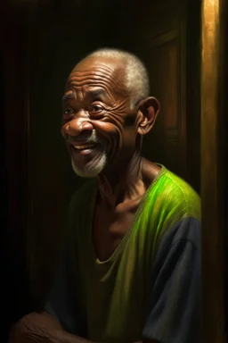 a painting of a hairless, thoughtful, focused, visionary, calm, jovial, loving, fatherly, generous, elegant well-fed old man with few eyebrows and his from Kenya by Henry Ossawa Tanner. dramatic angle, ethereal lighting, details, smooth, sharp focus, illustration, realistic, cinematic, art station, award winning, rgb, unreal engine, octane rendering, cinematic light, macro, depth of field, blur, red light and clouds in the background , CG rendering of highly detailed epic cinematic concept art d