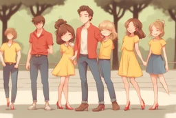 a cute chibi spanish man with short curly brown hair cropped at the back in yellow T-shirt and jeans with a cute chibi contented girl with long brown hair and brown eyes in a red elegant jumpsuit and red high heels, and a chibi girl with blonde brown hair in a beige dress dancing dynamically in Madrid in the Retino park, in the moonlight, ethereal, cinematic postprocessing, airplane in the sky