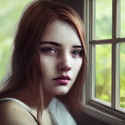 woman's face with painting of open window and forest view covering entire face, 8k resolution, high-quality, fine-detail, intricate, digital art, detailed matte, volumetric lighting, illustration, octane render,