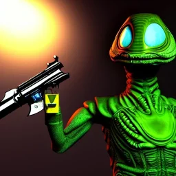 Alien, snake, metaljellyfishsombrero, vest, hands, holding gun, holster, steel military boots, squishy, chest plate, oxygen mask, bulbus nos snout, reptile pupil, blasterrifle, moonscape