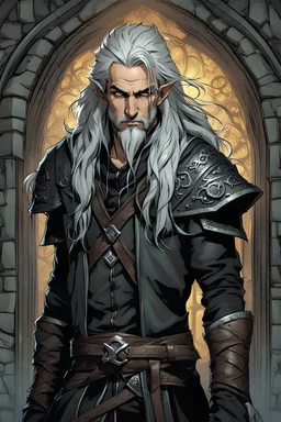 ancient grizzled, gnarled elf mage, he has long, grey hair streaked with black, highly detailed facial features, and sharp cheekbones. His eyes are black. He wears weathered medieval leather clothes. he is lean and tall, with pale skin, full body with thigh high leather boots and has a dark malevolent aura in the comic book style of Bill Sienkiewicz and Jean Giraud Moebius in ink wash and watercolor