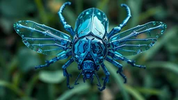 A dynamic aerial view showcasing the fusion of organic and bones elements, depicting a fully blue bones-beetle. Its intricate mechanisms are driven by interlocking blade and complex mechanical blade embedded throughout its glass frame. mist-grass leaf sabana