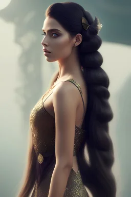 mystic woman with long hair, dark fantasy setting, ethereal, soft lighting