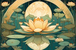 Bordered digital illustration of a Lotus Reflection by Victo Ngai. Art nouveau, Tarot card. High quality, masterpiece.