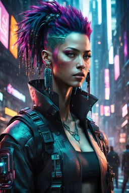 Realizza una dettagliata e ad alta risoluzione rappresentazione di un personaggio cyberpunk semi-realistico immerso in un contesto urbano, integrando senza soluzione di continuità la tecnologia avanzata con un ambiente grintoso. Immagina un protagonista che si muove attraverso le strade affollate, adornato di miglioramenti cibernetici che potenziano le sue capacità fisiche.