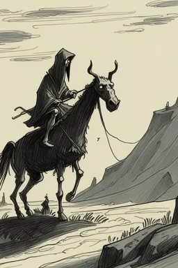 A black hooded specter sits on an emaciated donkey while dangling a carrot on a stick in front of it's face so it doesn't notice it's about to walk off a cliff