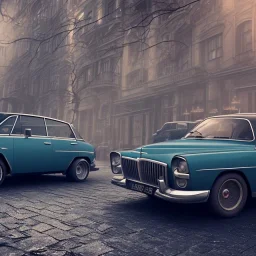 an old Volskwagen estate car ultra realistic,concept, 4k ,on street,8k resolution, high-quality, fine-detail, parked in crowded city winter