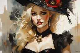 Blonde Pale Thin well endowed Scandinavian Woman 24yo, Big Eyes, red lipstick, Long Eyelashes And Eye Shadow, smiling, laughing, dancing, wearing a black corset dress, steampunk :: by Robert McGinnis + Jeremy Mann + Carne Griffiths + Leonid Afremov, black canvas, clear outlining, detailed,