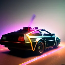 cyberpunk army DeLorean, cyberpunk 2077, center composition, reflection, ultra realistic, shiny, smooth, studio quality, octane render, Surrealism, Triadic colour scheme, glow-stick, god rays, mist on the horizon' ambient lighting, nightclub lighting, polaroid, 100mm, --ar 1:1 --v4