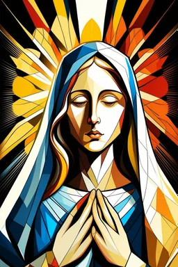 A stylized portrait drawing of colored tiles of Mary the mother of Jesus with long hair, wearing a white veil and surrounded by a geometric halo of rays of light against a dark background- cubism style