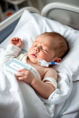 A sick newborn with respiratory problems sleeping on the baby bed and wear the oxygen box for helps to breathe more easily and cure of Respiratory in the hospital.