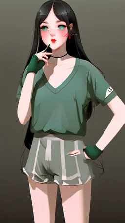 generate a full-length girl with gray-green sad eyes, with dark hair above the shoulders, a round face, not very plump lips, in a black T-shirt with a red print, short shorts, blue socks