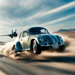 a high definition screen shot of a jet-fighter vw-beetle, retrofuturistic, phototrealism, in flight, one subject, should have wings with atleast one exposed jet on each wint or one coming throught thr front and center of the vehicle.