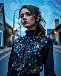 "Midnight Serenade unique" low view angle shot down village road , large close up a beautiful young woman wearing a cool black rock style. ,granite terrazzo motifs with puzzle modern clothing is decorated with colorful filigree abstract, Collage chutes papiers magazines,Spirograph background by Nisa Kiley, Textile Artist