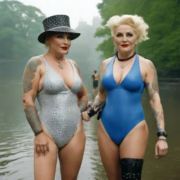 [photo by Evelyn Hofer] Tattooed Tank Girl and Madonna as middle age ladies wearing swimsuits caught in a heavy summer rain in central park, happy with no inhibitions