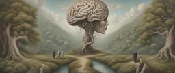 Brain makes the mind, mind makes the person. Concept art, Surrealism, disturbing, overexaggerated features, beautiful, detailed, landscape, vibrant, whimsical, ethereal, Tim burton, entangled, infinity, cosmic, colorful, hyperrealism, renaissance painting, metaphysical, laurie lipton, anthropomorphic character