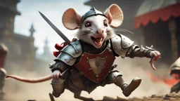 Close up on mouse. Horse jumping over a mote. Background blur. Fast Chase. The Large Gremlin with knights metal full armor, chest plate, leather in the back, helmet, and small sword and a red shield, smiling wide with white teeth, and sitting atop a weird striped horse, in the Style of Rembrandt and Fallout 4(Fantastical Mouse/Rat Gremlin Count) This creature blends realism with fantasy, appearing as a mythical forest dweller