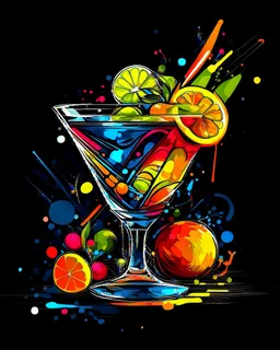 A colorful and abstract representation of a fruity cocktail, created with a mix of digital and hand-drawn elements.