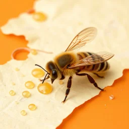 a bee with 6 legs, scattered parchment, honeycomb, orange background